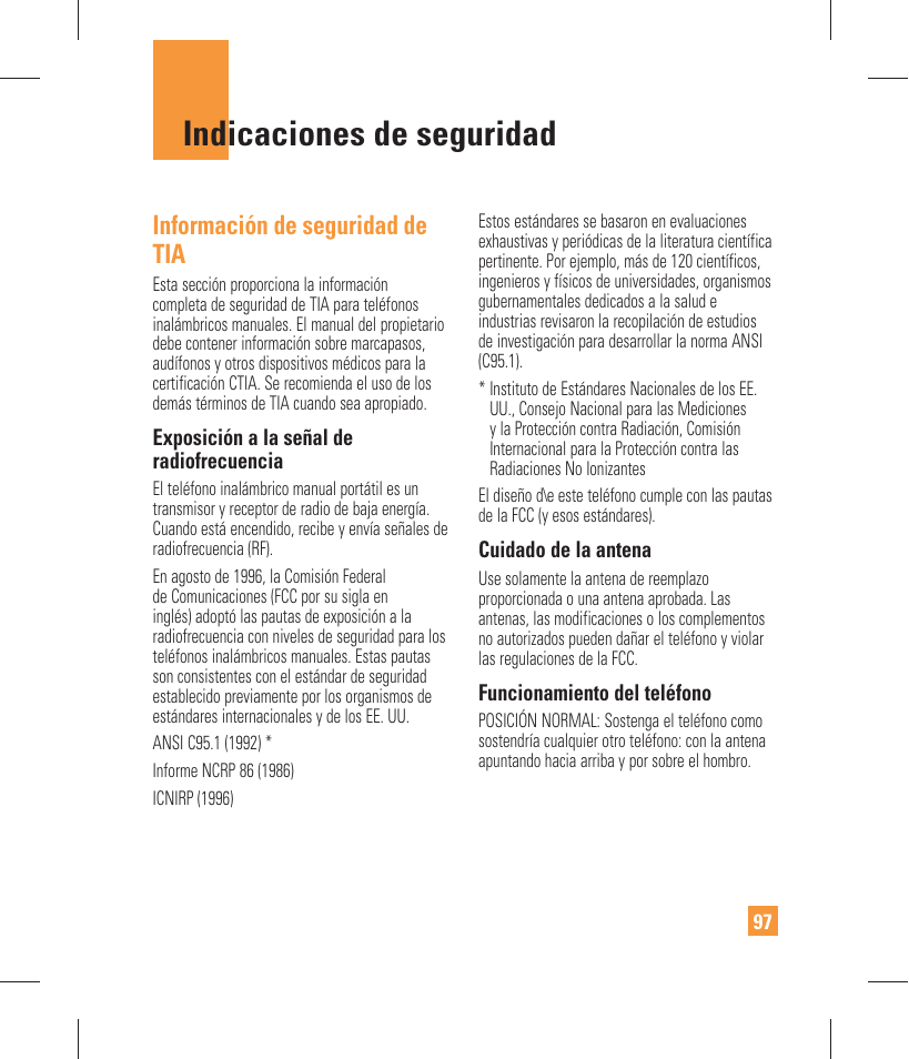 Indicaciones de seguridad, Información de seguridad de tia | LG GW370 User Manual | Page 225 / 250