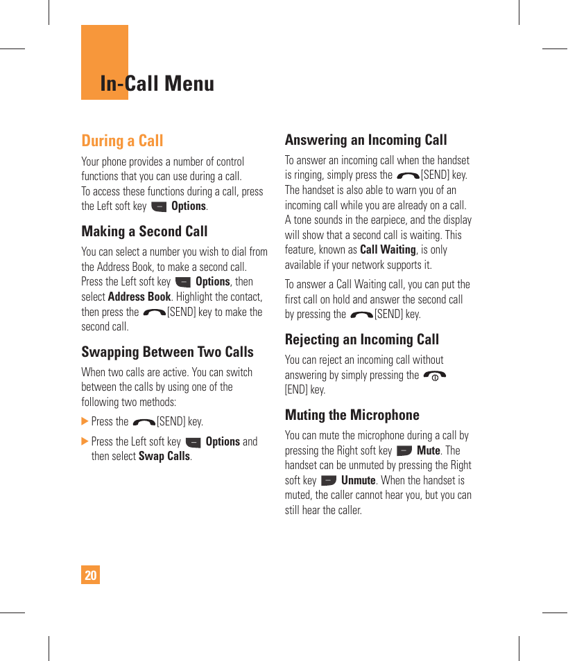 In-call menu, During a call, Making a second call | Swapping between two calls, Answering an incoming call, Rejecting an incoming call, Muting the microphone | LG GW370 User Manual | Page 24 / 250