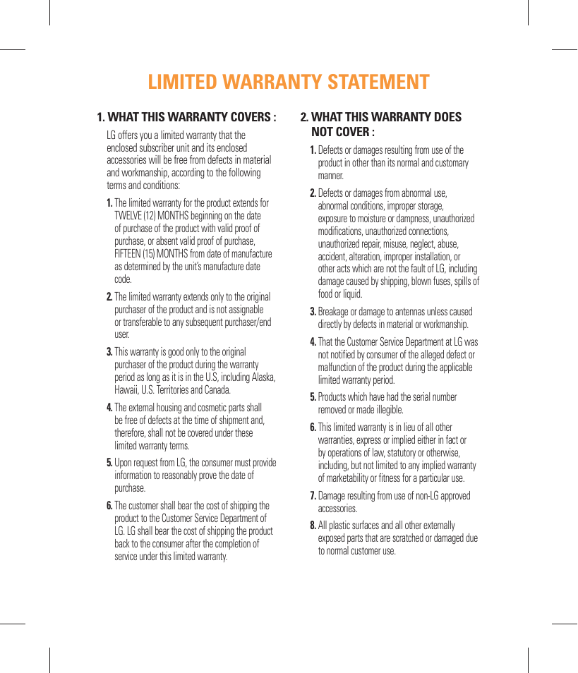 Limited warranty statement | LG GW370 User Manual | Page 3 / 250