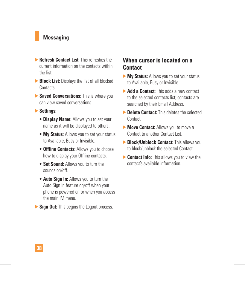 When cursor is located on a contact | LG GW370 User Manual | Page 42 / 250