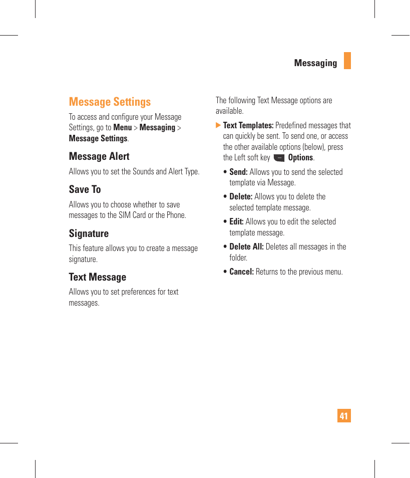 Message settings, Message alert, Save to | Signature, Text message | LG GW370 User Manual | Page 45 / 250