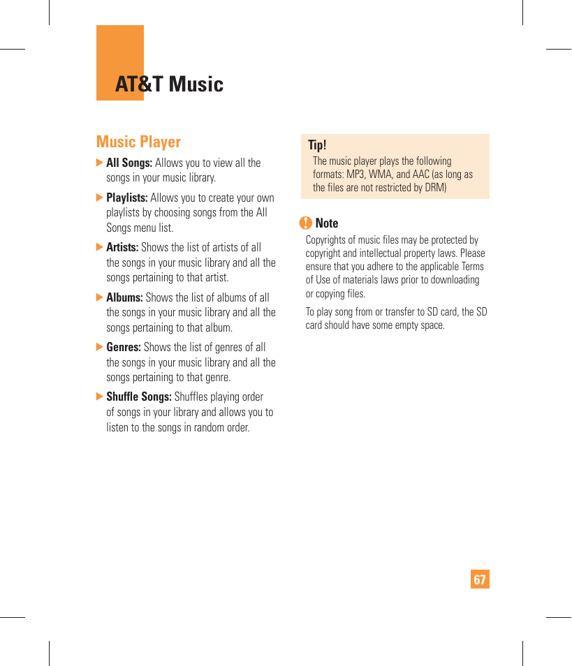 At&t music, Music player | LG GW370 User Manual | Page 71 / 250