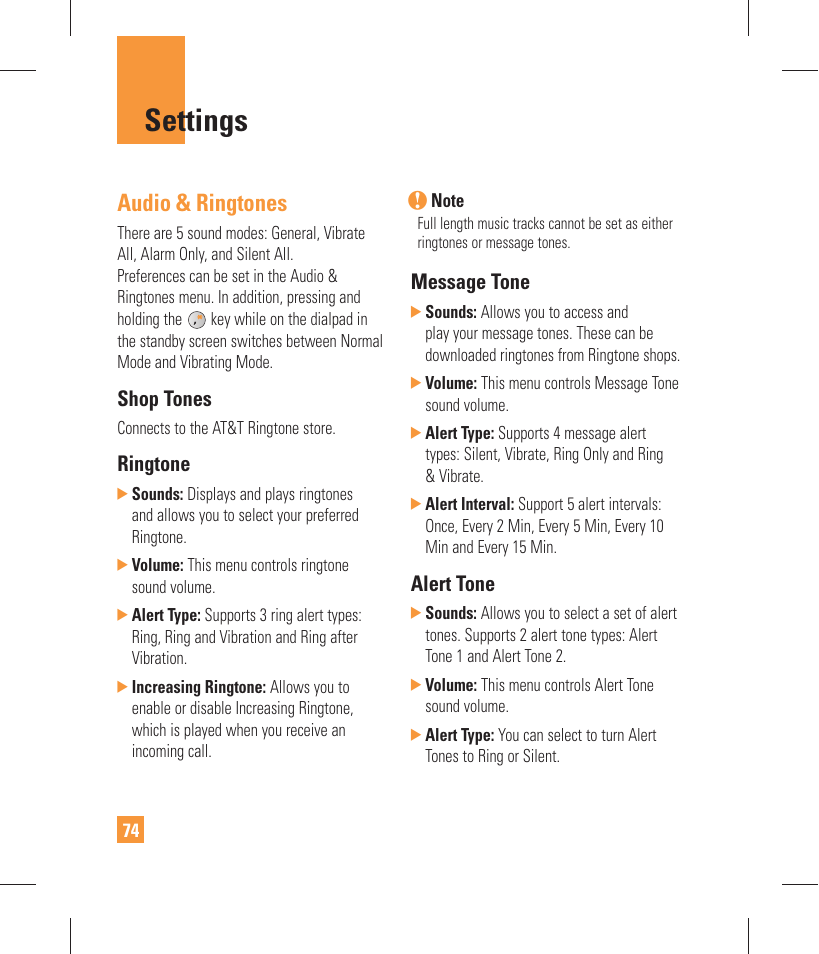 Settings, Audio & ringtones, Shop tones | Ringtone, Message tone, Alert tone | LG GW370 User Manual | Page 78 / 250