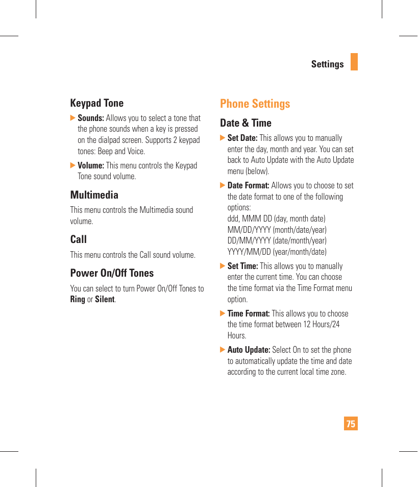 Phone settings, Keypad tone, Multimedia | Call, Power on/off tones, Date & time | LG GW370 User Manual | Page 79 / 250