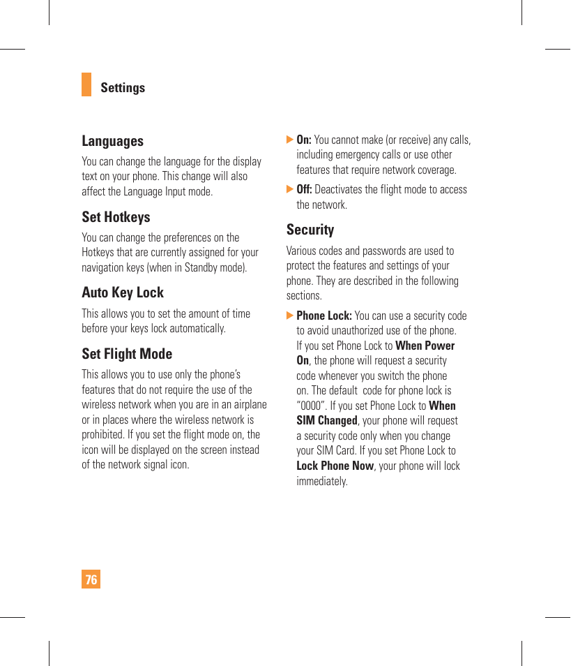 Languages, Set hotkeys, Auto key lock | Set flight mode, Security | LG GW370 User Manual | Page 80 / 250