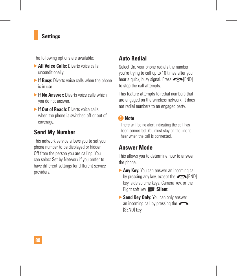Send my number, Auto redial, Answer mode | LG GW370 User Manual | Page 84 / 250