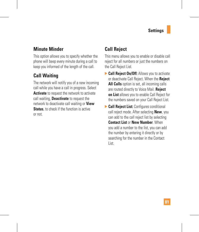 Minute minder, Call waiting, Call reject | LG GW370 User Manual | Page 85 / 250