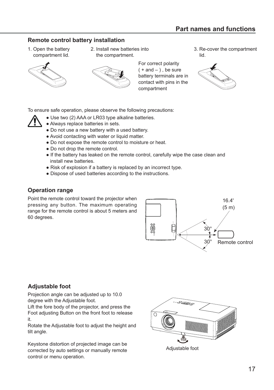 Remote control battery installation, Operation range, Adjustable foot | 17 part names and functions | LG BD430 User Manual | Page 17 / 73