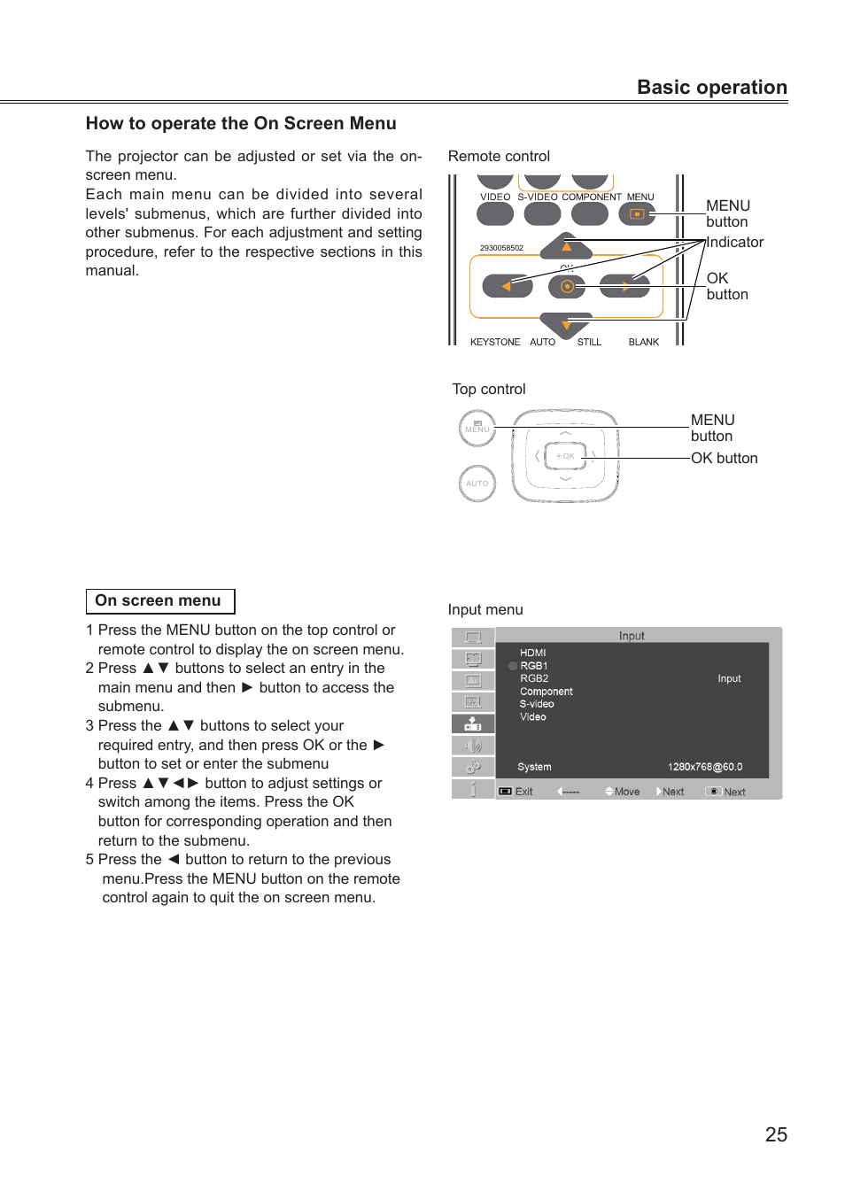 How to operate the on screen menu, 25 basic operation | LG BD430 User Manual | Page 25 / 73