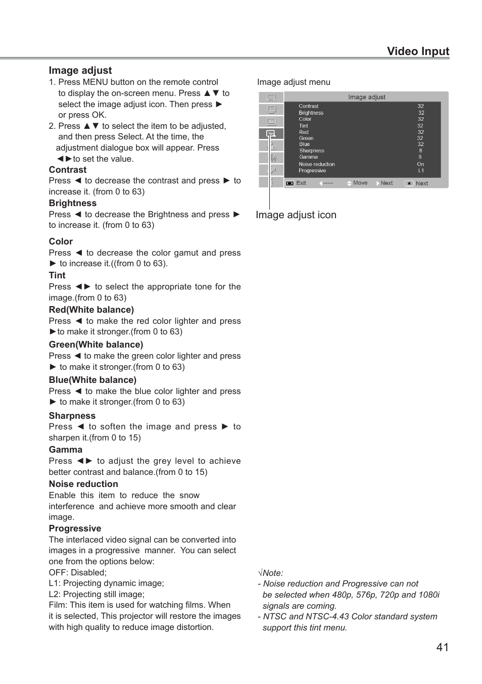 Image adjust, 41 video input | LG BD430 User Manual | Page 41 / 73
