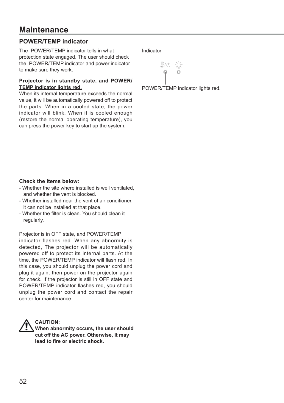Maintenance, Power/temp indicator, Maintenance 52 | LG BD430 User Manual | Page 52 / 73