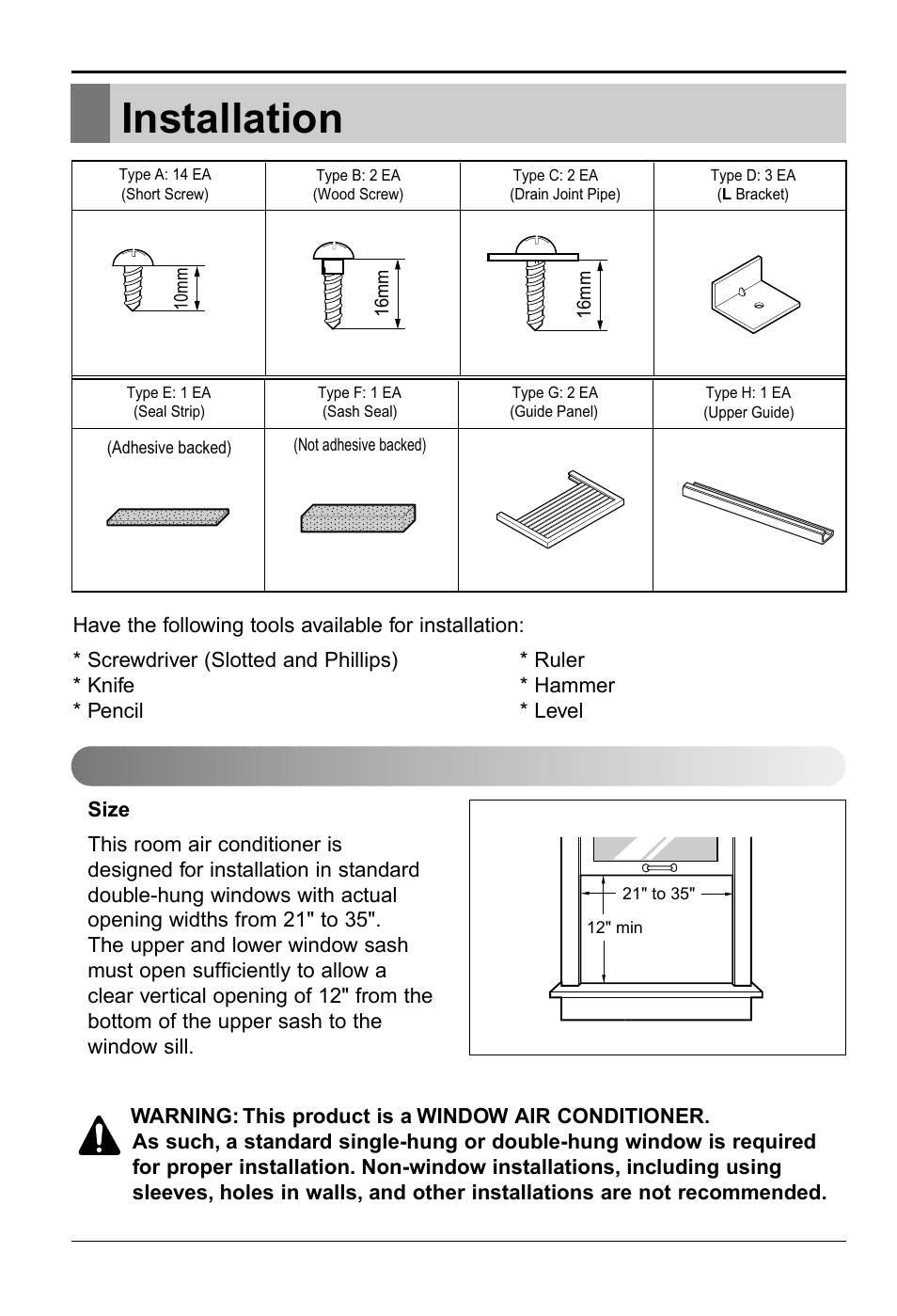 Installation, Window requirements | LG RG-51C.AWYAHCI User Manual | Page 12 / 40