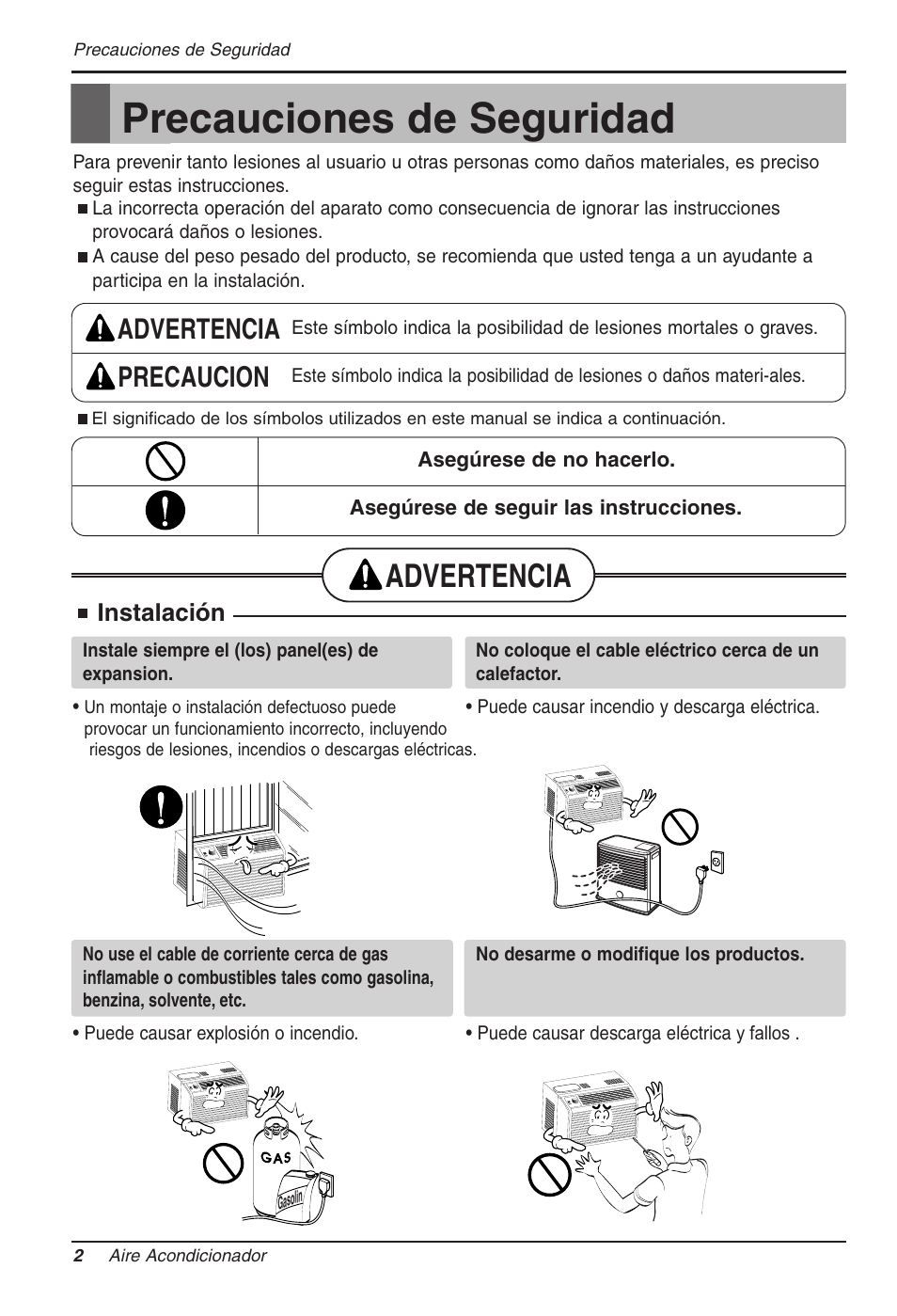 Precauciones de seguridad, Advertencia, Advertencia precaucion | Instalación | LG RG-51C.AWYAHCI User Manual | Page 22 / 40