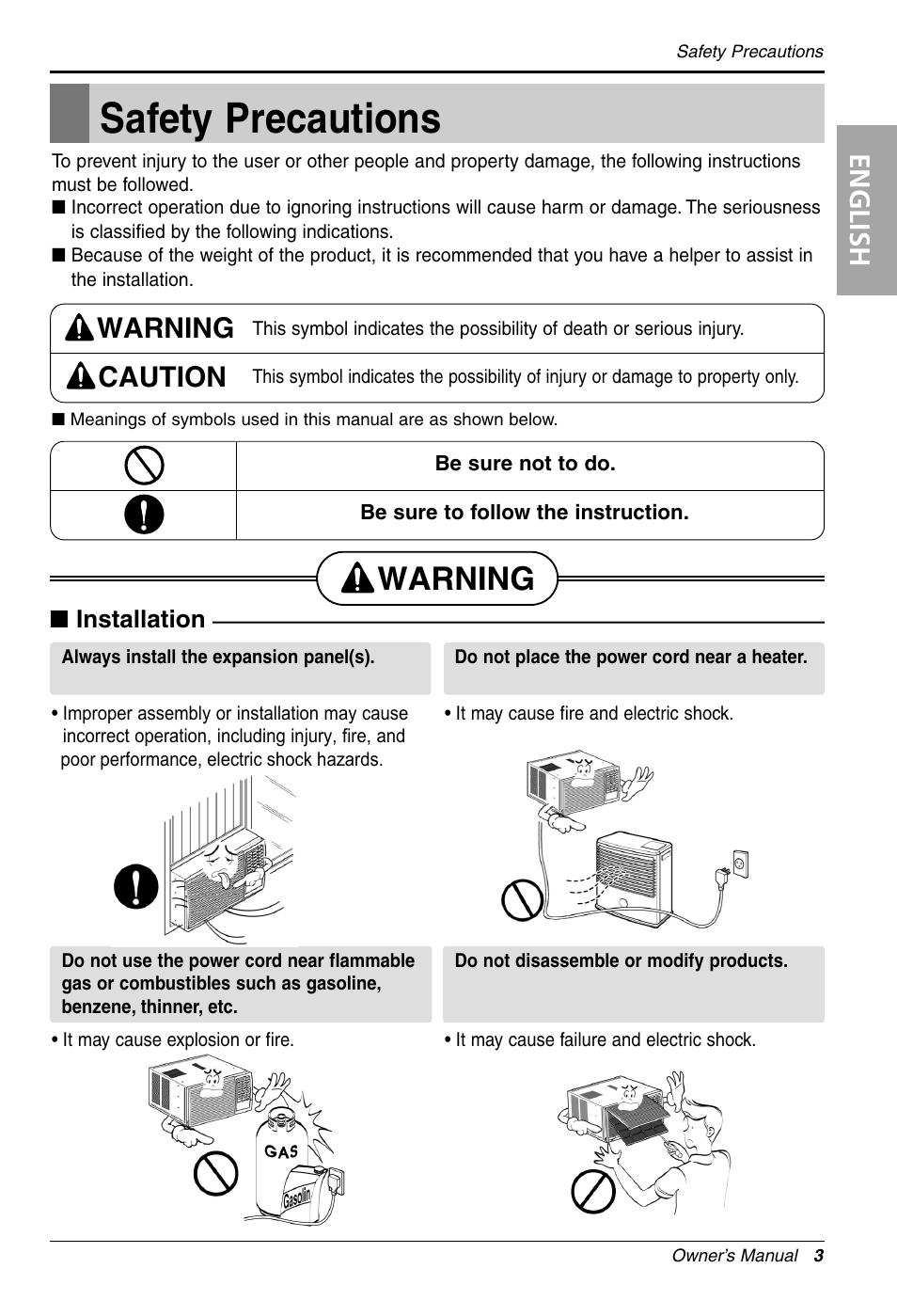 Safety precautions, Warning, English | Warning caution, Installation | LG RG-51C.AWYAHCI User Manual | Page 3 / 40