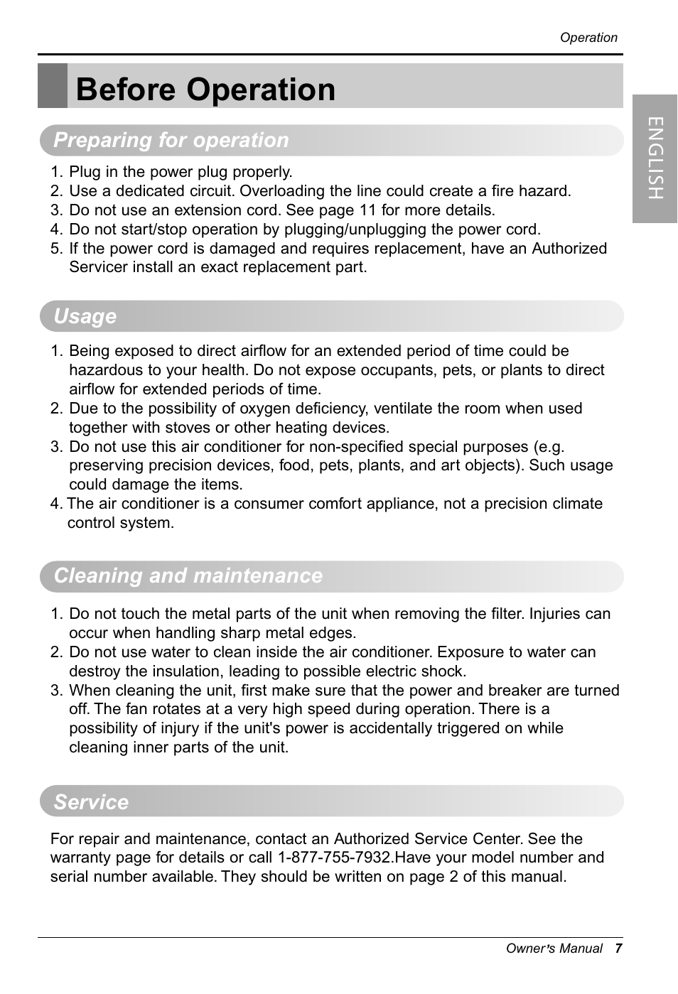 Before operation, En g lis h | LG RG-51C.AWYAHCI User Manual | Page 7 / 40