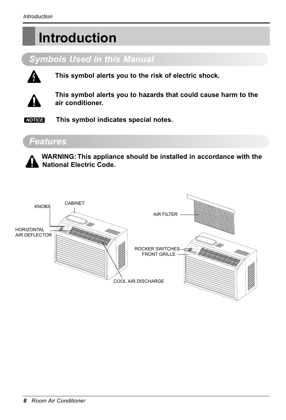 Introduction, Symbols used in this manual features | LG RG-51C.AWYAHCI User Manual | Page 8 / 40