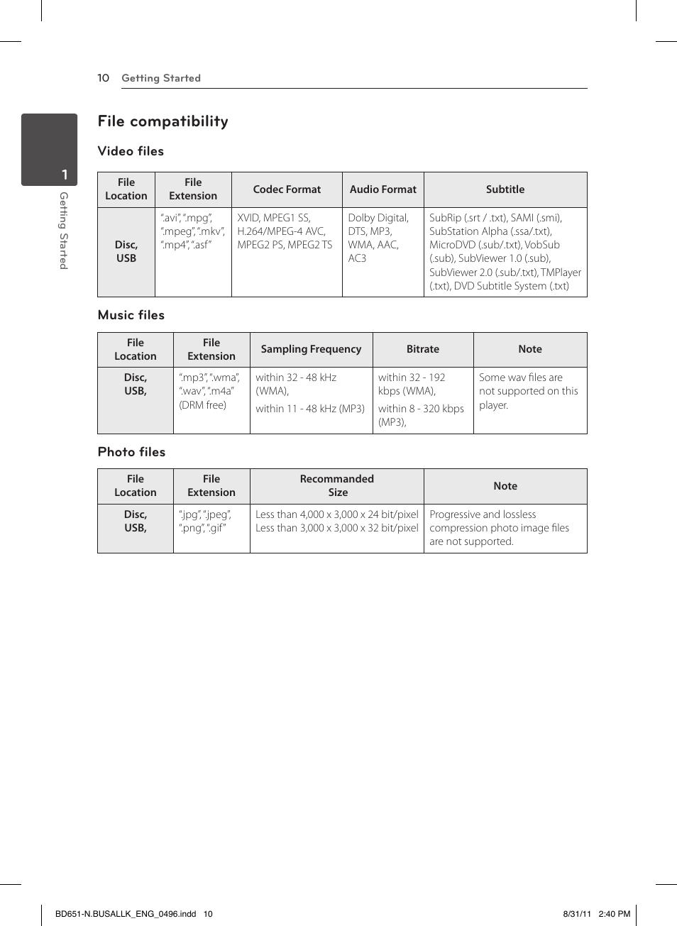 File compatibility, Video files, Music files | Photo files | LG BD630 User Manual | Page 10 / 58