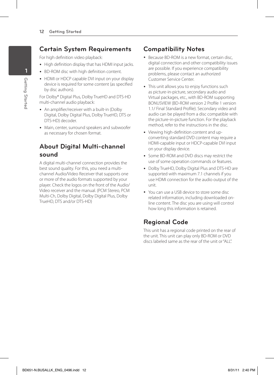 Certain system requirements, About digital multi-channel sound, Compatibility notes | Regional code | LG BD630 User Manual | Page 12 / 58