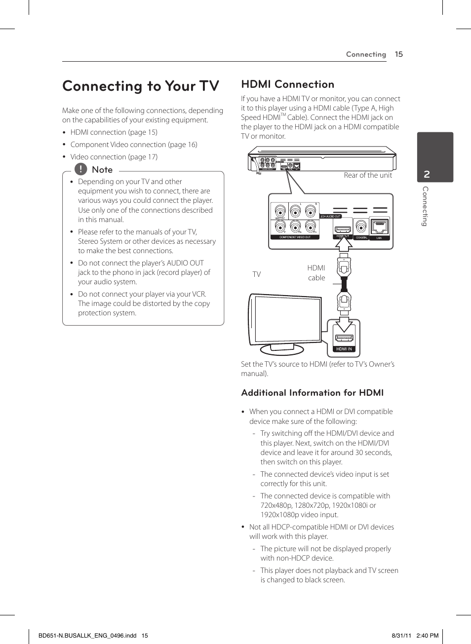 2 connecting, Connecting to your tv, Hdmi connection | LG BD630 User Manual | Page 15 / 58