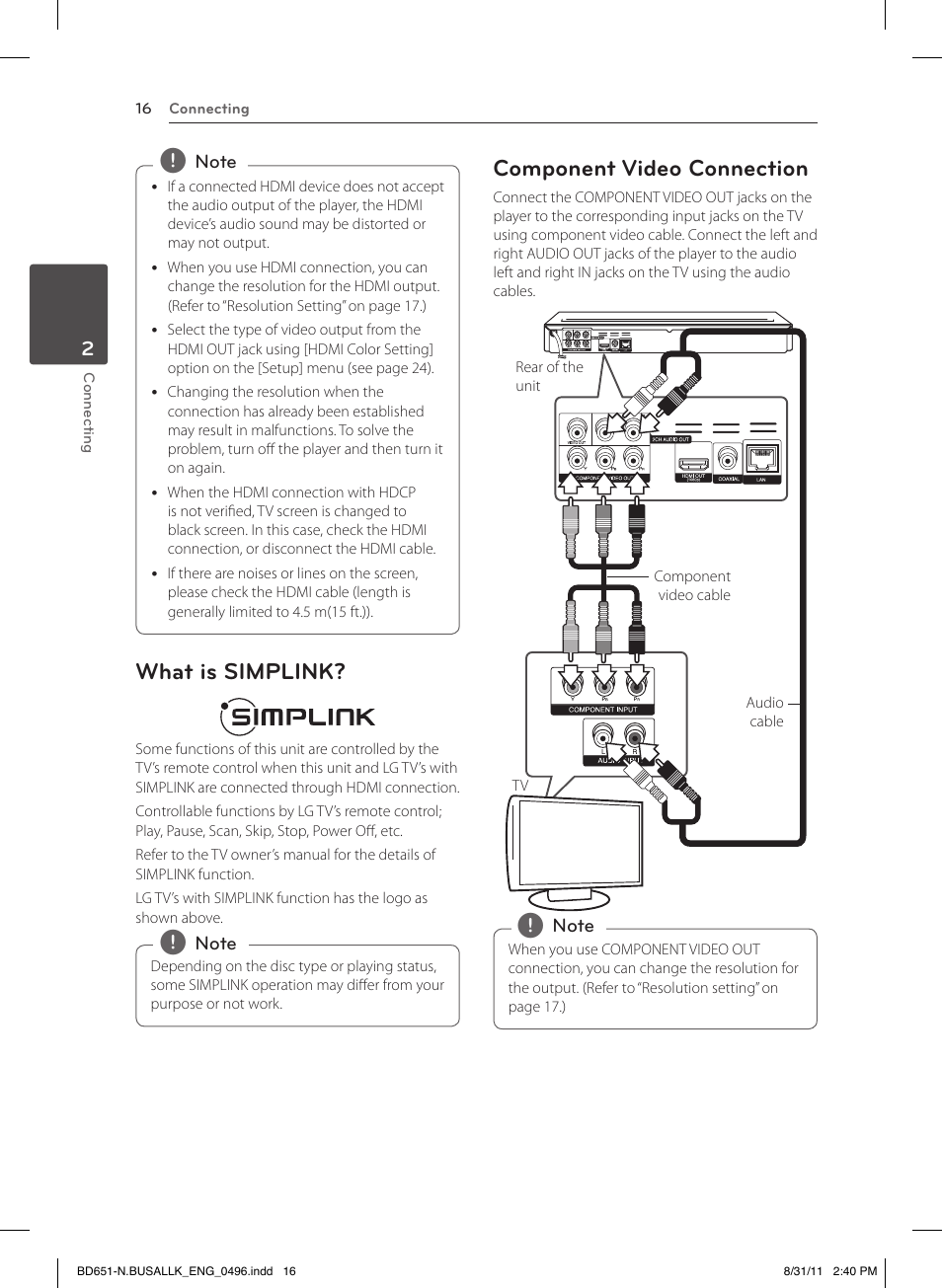 What is simplink, Component video connection | LG BD630 User Manual | Page 16 / 58