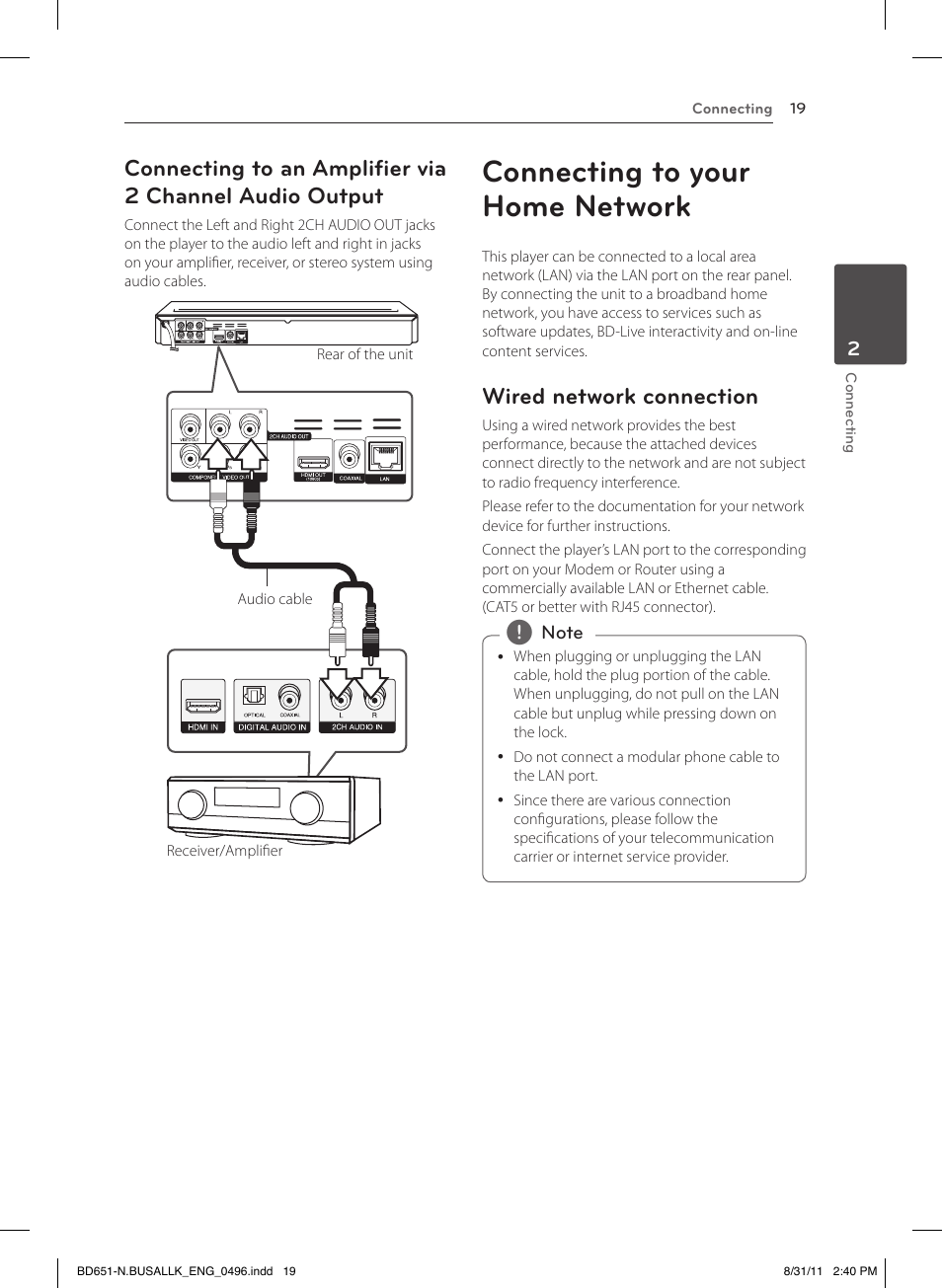 Connecting to your home network, Wired network connection | LG BD630 User Manual | Page 19 / 58