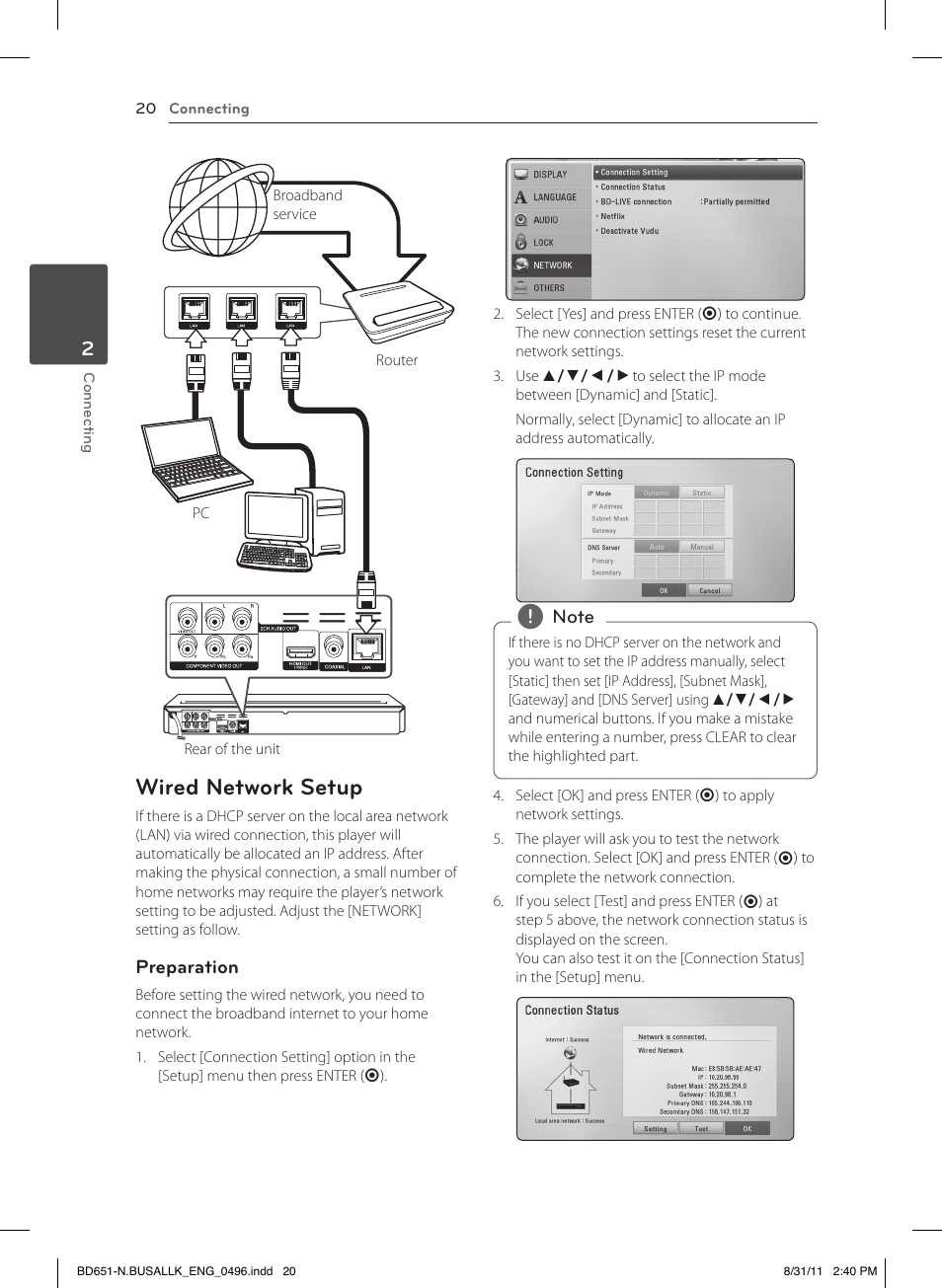 Wired network setup | LG BD630 User Manual | Page 20 / 58