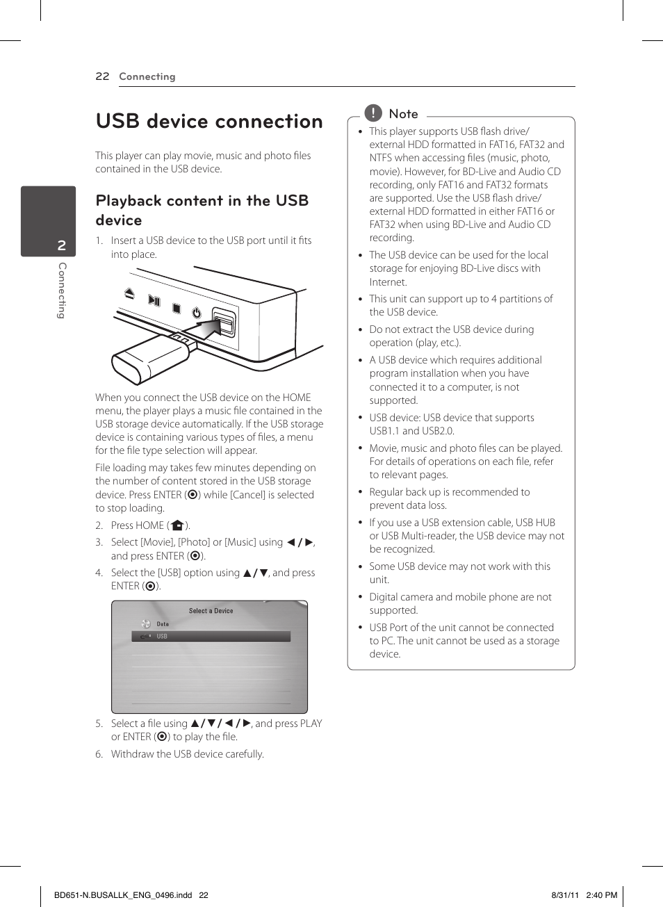 Usb device connection, Playback content in the usb device | LG BD630 User Manual | Page 22 / 58