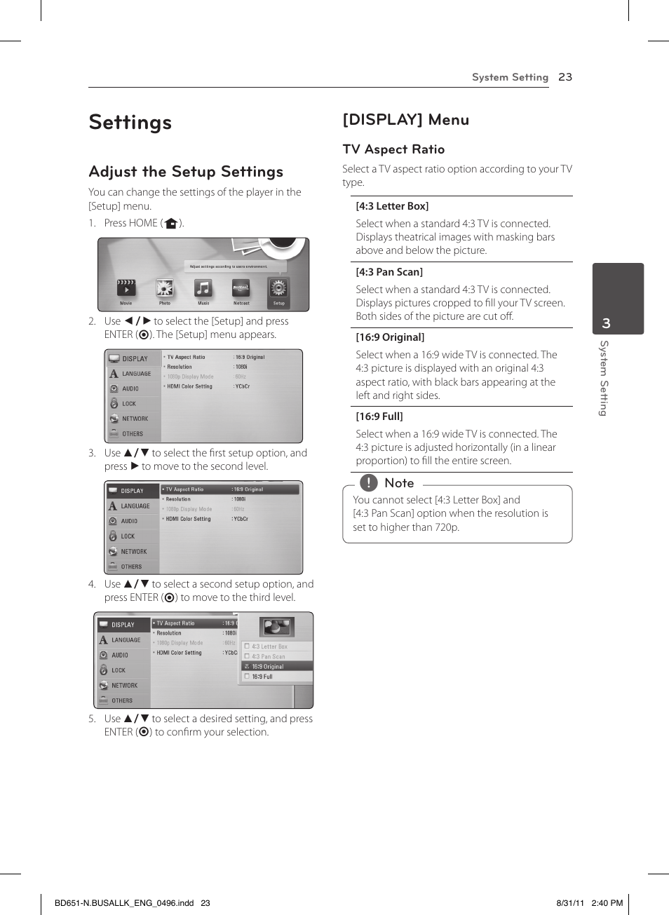 3 system setting, Settings, Adjust the setup settings | Display] menu | LG BD630 User Manual | Page 23 / 58