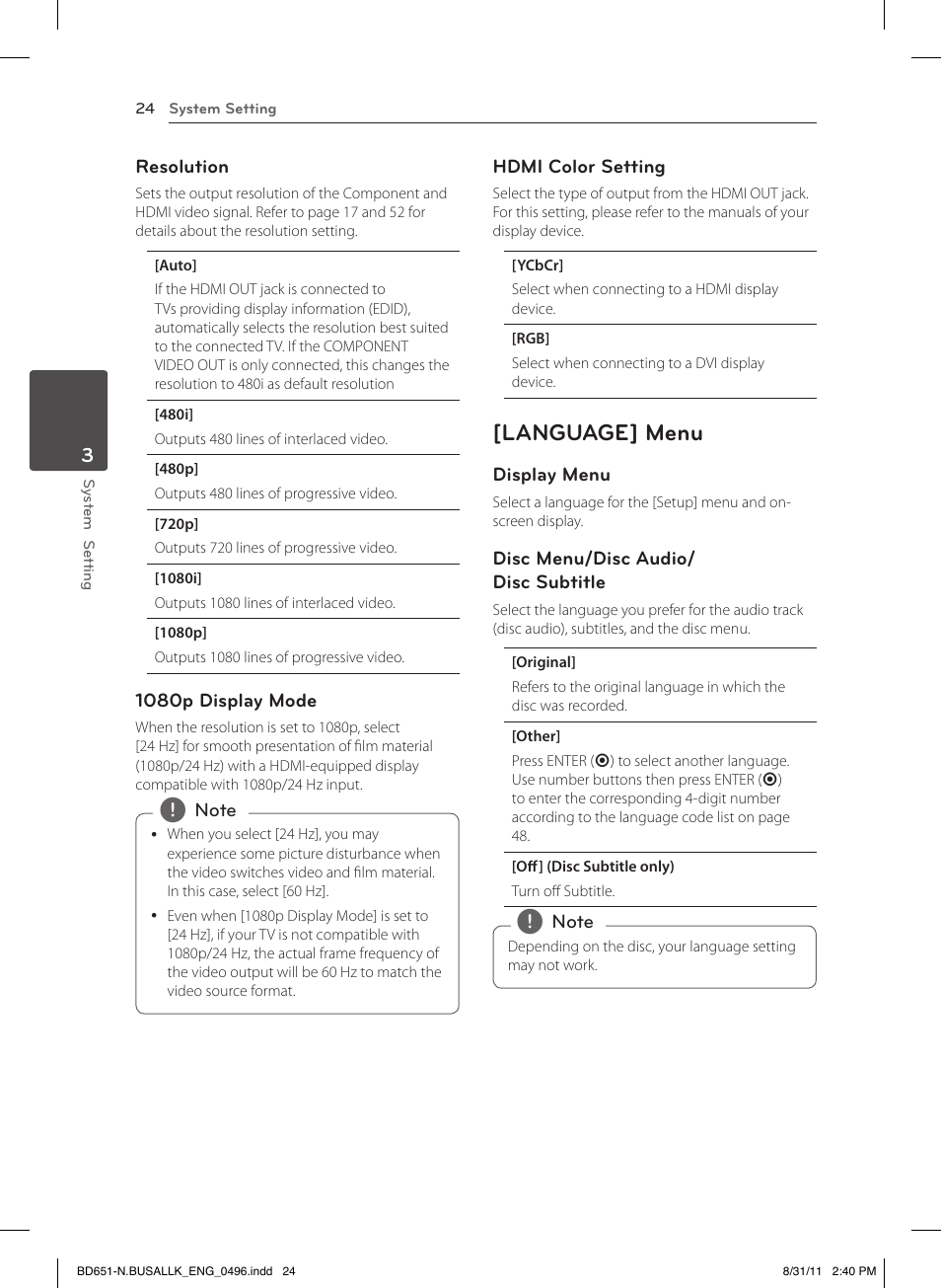 Language] menu | LG BD630 User Manual | Page 24 / 58