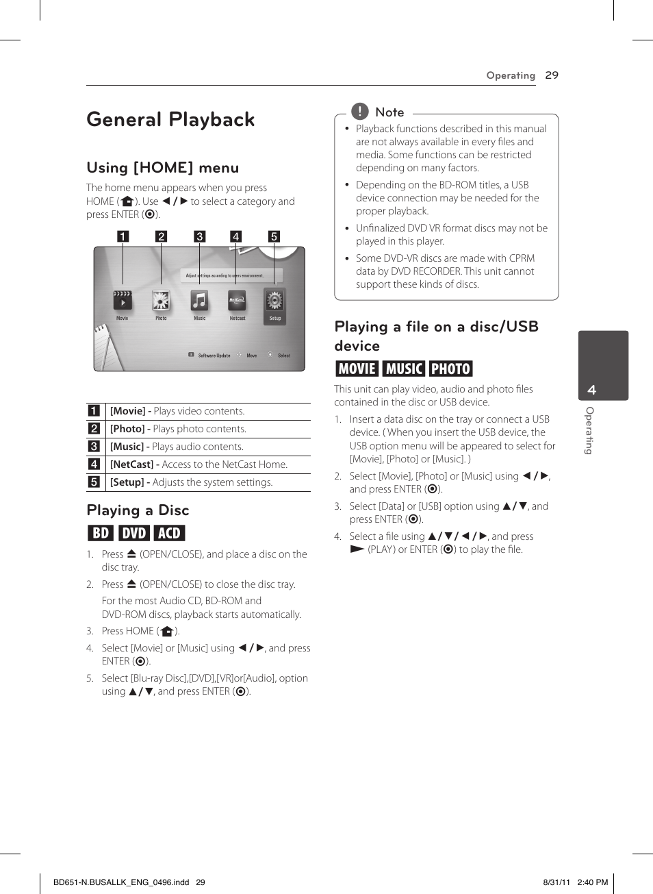 4 operating, General playback, Using [home] menu | Playing a disc, Playing a file on a disc/usb device, Playing a disc ert, Playing a file on a disc/usb device yui | LG BD630 User Manual | Page 29 / 58