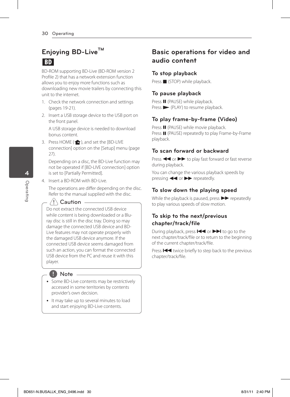 Enjoying bd-livetm, Basic operations for video and audio content, Enjoying bd-live | LG BD630 User Manual | Page 30 / 58