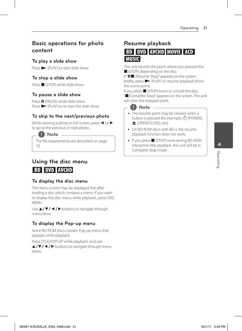 Basic operations for photo content, Using the disc menu, Resume playback | Using the disc menu ero, Resume playback eroyt u | LG BD630 User Manual | Page 31 / 58