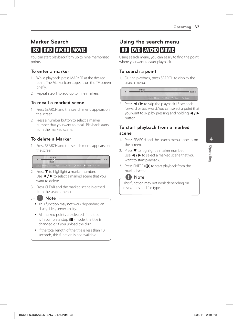 Marker search, Using the search menu, Marker search eroy | Using the search menu eroy | LG BD630 User Manual | Page 33 / 58