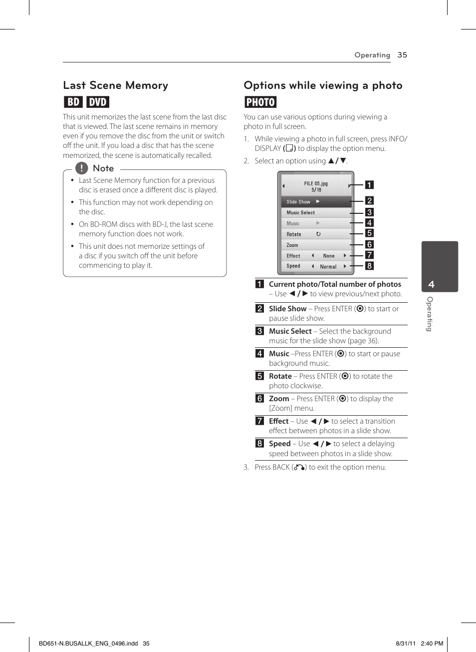 Last scene memory, Options while viewing a photo, Options while viewing a photo i | LG BD630 User Manual | Page 35 / 58