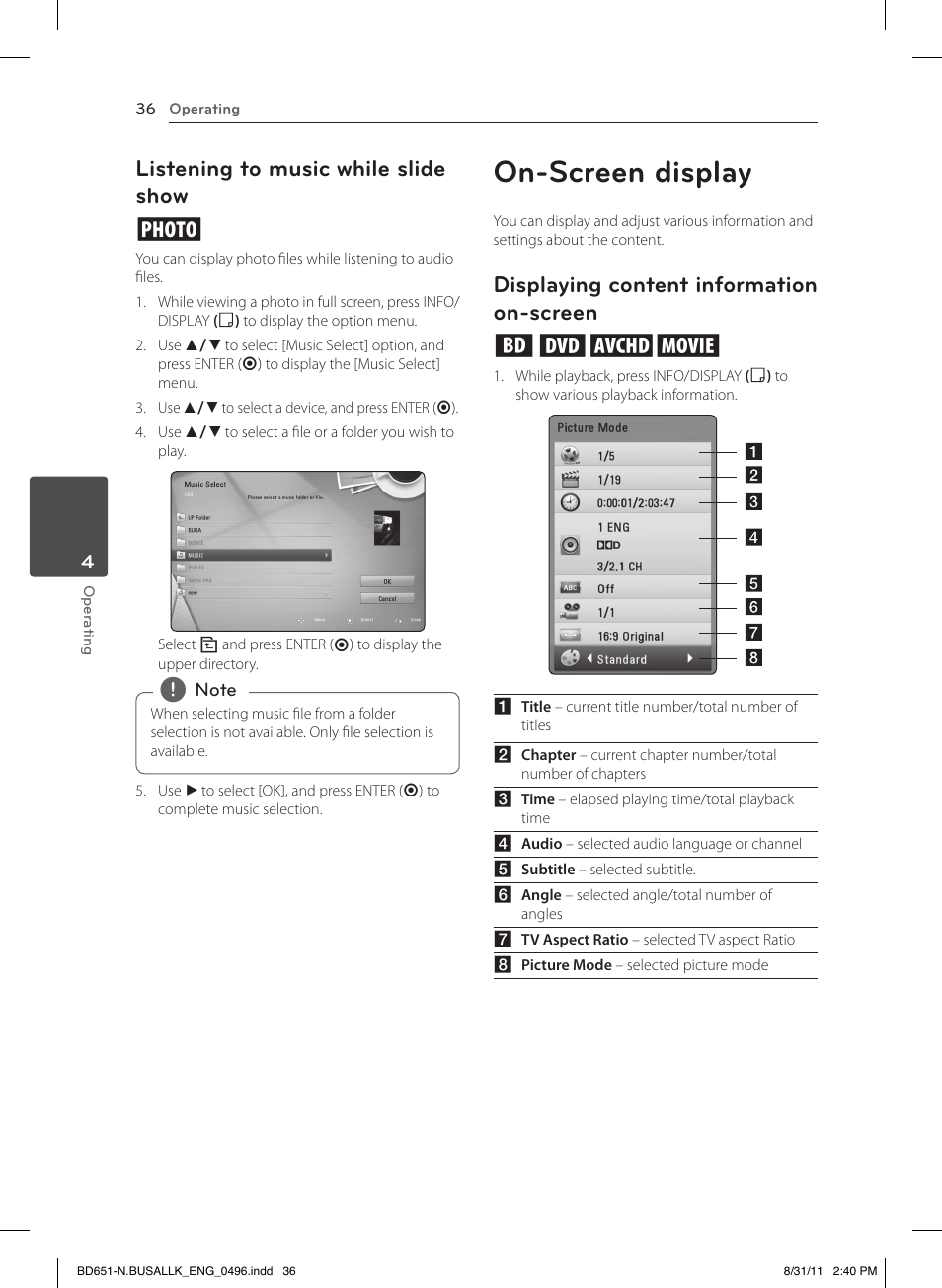 Listening to music while slide show, On-screen display, Displaying content information on-screen | Listening to music while slide show i, Displaying content information on-screen eroy | LG BD630 User Manual | Page 36 / 58