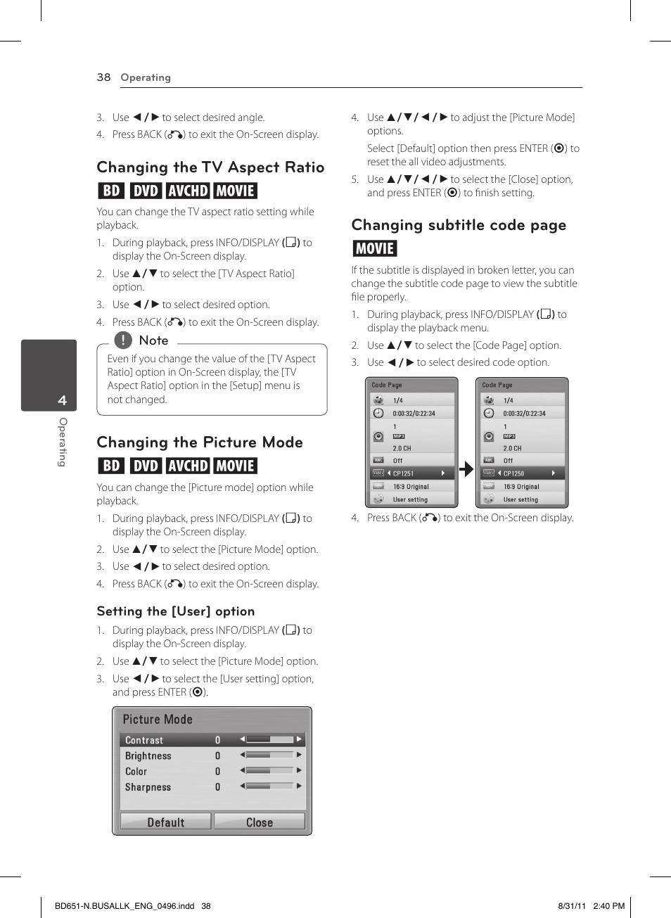 Changing the tv aspect ratio, Changing the picture mode, Changing the tv aspect ratio eroy | Changing the picture mode eroy, Changing subtitle code page y | LG BD630 User Manual | Page 38 / 58