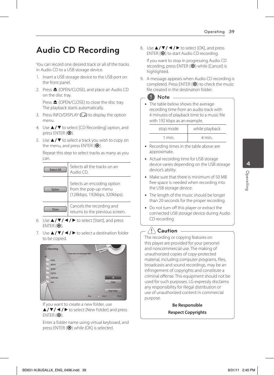 Audio cd recording | LG BD630 User Manual | Page 39 / 58