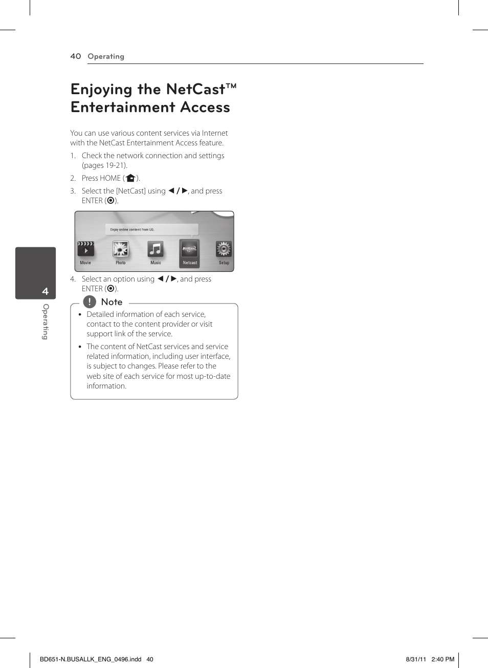 Enjoying the netcast™ entertainment access | LG BD630 User Manual | Page 40 / 58