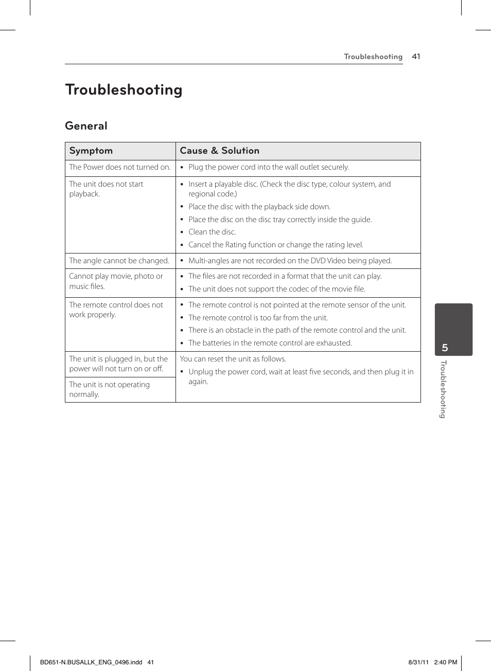 5 troubleshooting, Troubleshooting, General | LG BD630 User Manual | Page 41 / 58
