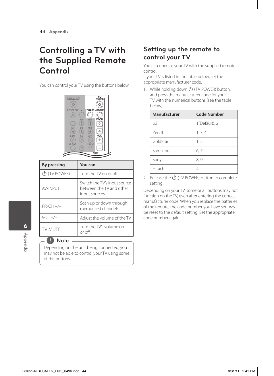6 appendix, Controlling a tv with the supplied remote control, Setting up the remote to control your tv | LG BD630 User Manual | Page 44 / 58