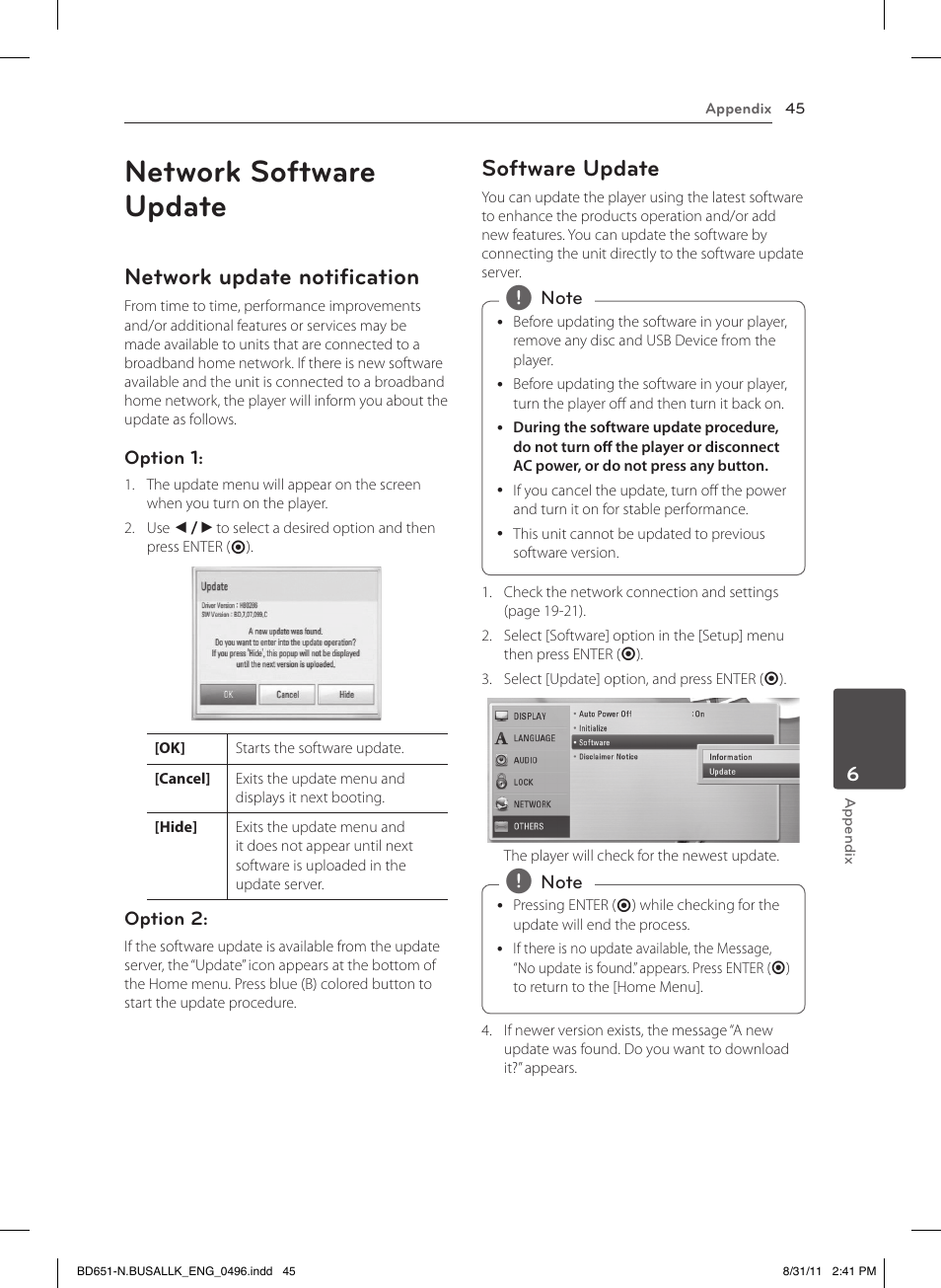 Network software update, Network update notification, Software update | LG BD630 User Manual | Page 45 / 58