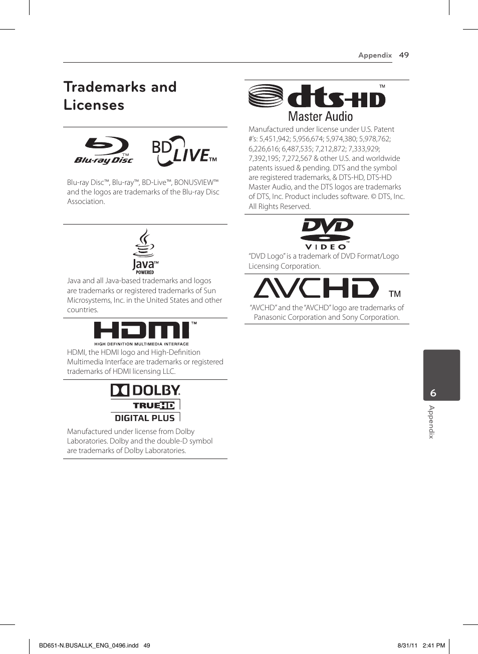Trademarks and licenses | LG BD630 User Manual | Page 49 / 58