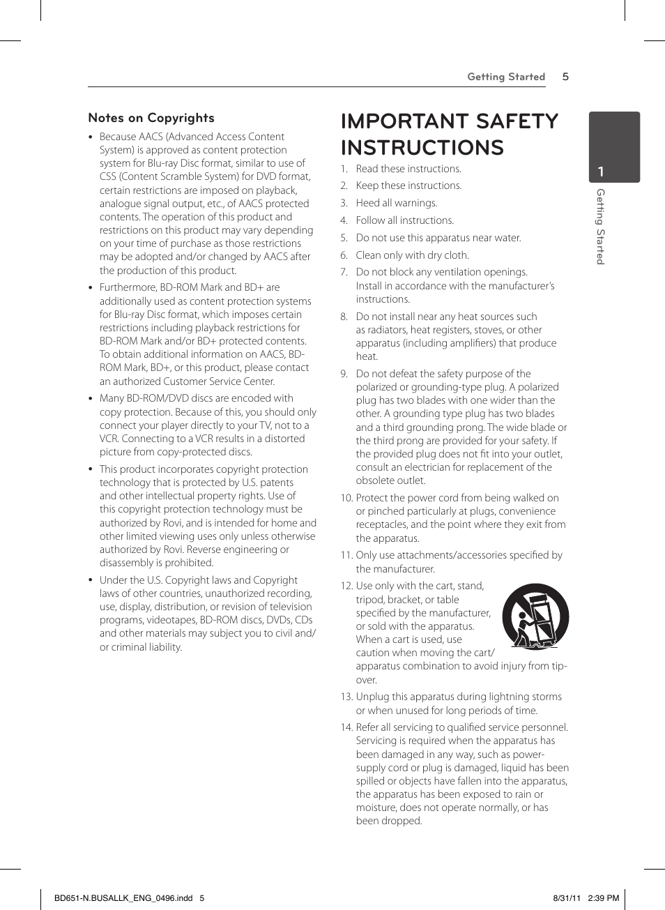 Important safety instructions | LG BD630 User Manual | Page 5 / 58