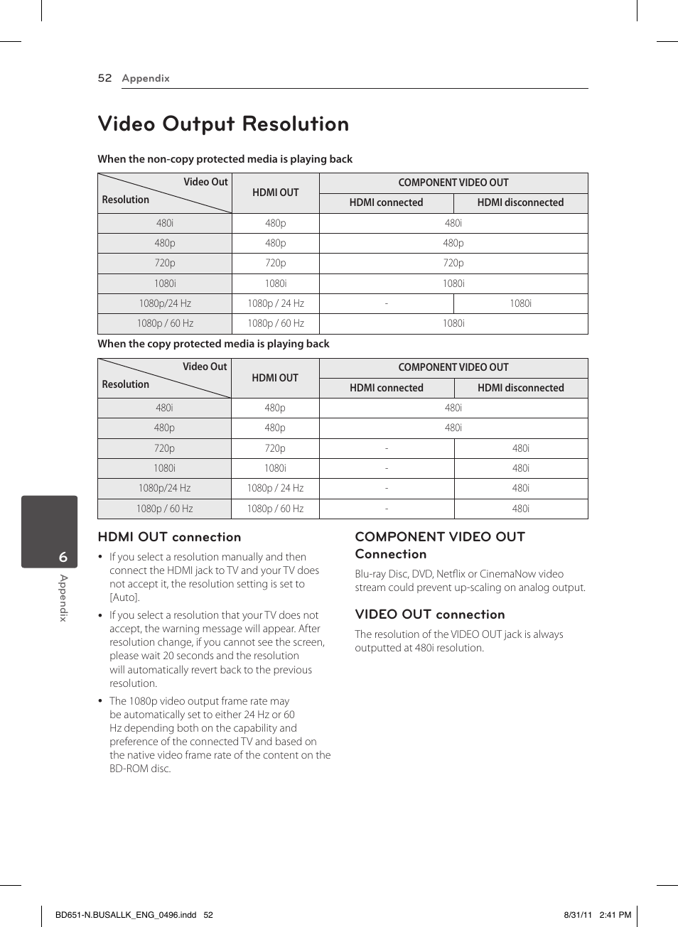 Video output resolution, Hdmi out connection, Component video out connection | Video out connection | LG BD630 User Manual | Page 52 / 58