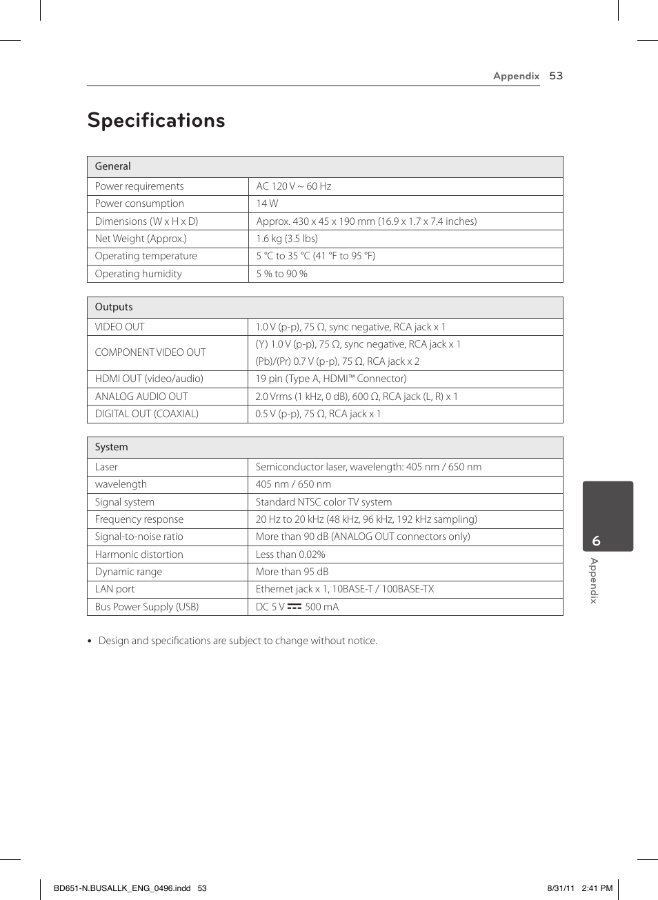 Specifications | LG BD630 User Manual | Page 53 / 58