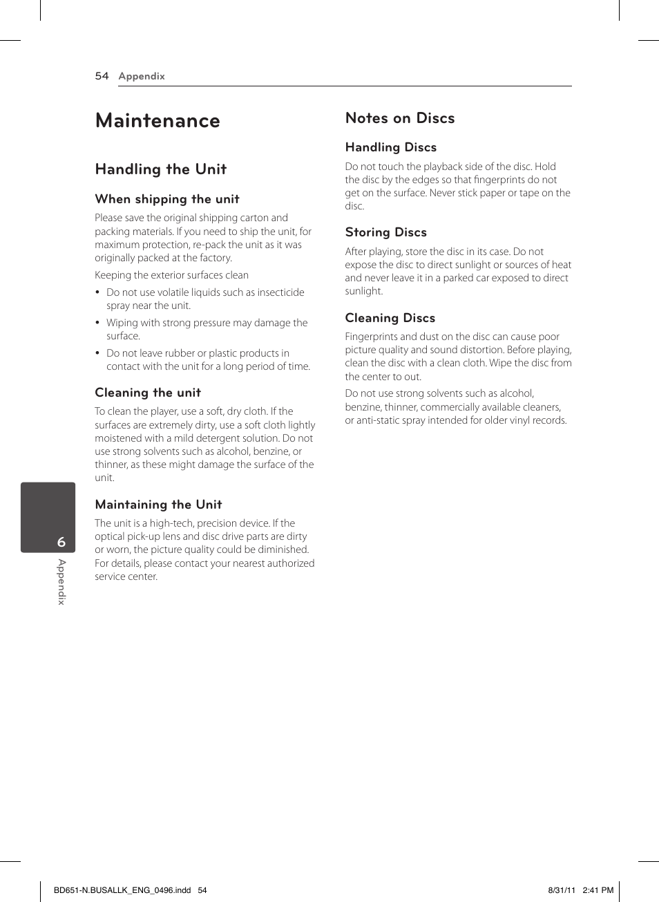 Maintenance, Handling the unit, Notes on discs | LG BD630 User Manual | Page 54 / 58