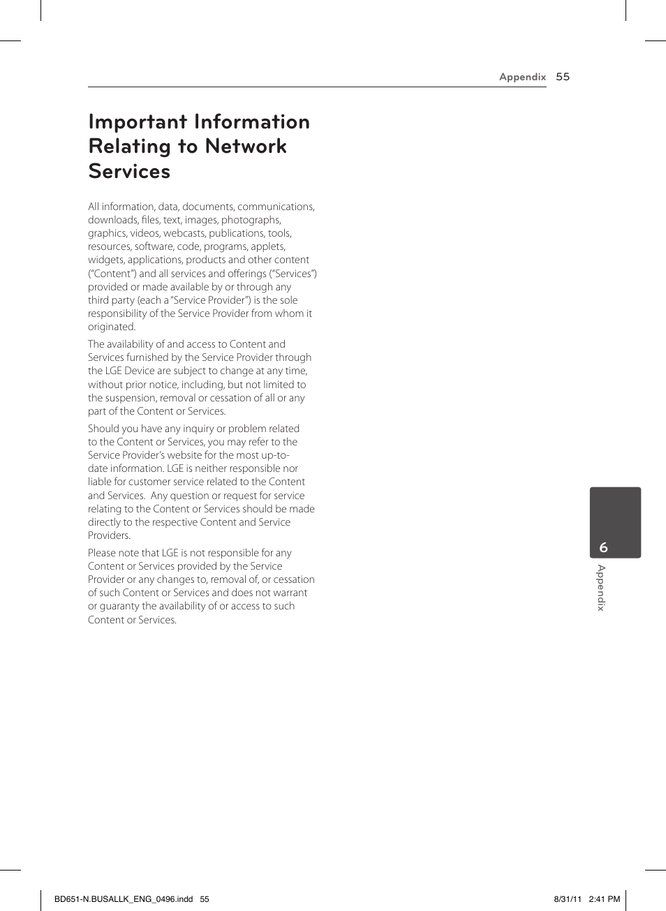 Important information relating to network services | LG BD630 User Manual | Page 55 / 58