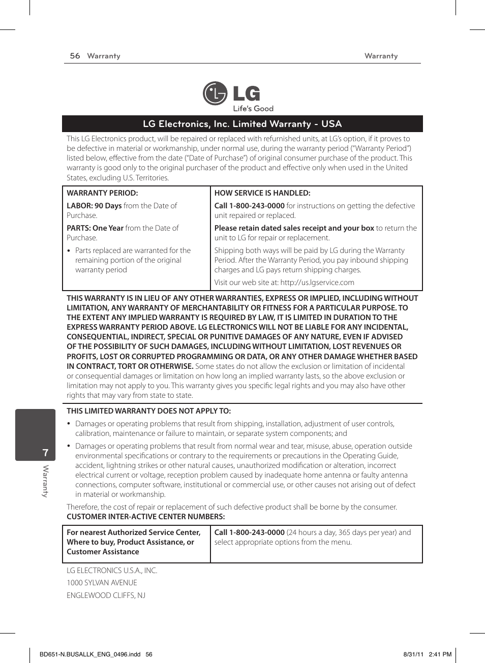 7 warranty, Limited warranty, Lg electronics, inc. limited warranty - usa | LG BD630 User Manual | Page 56 / 58