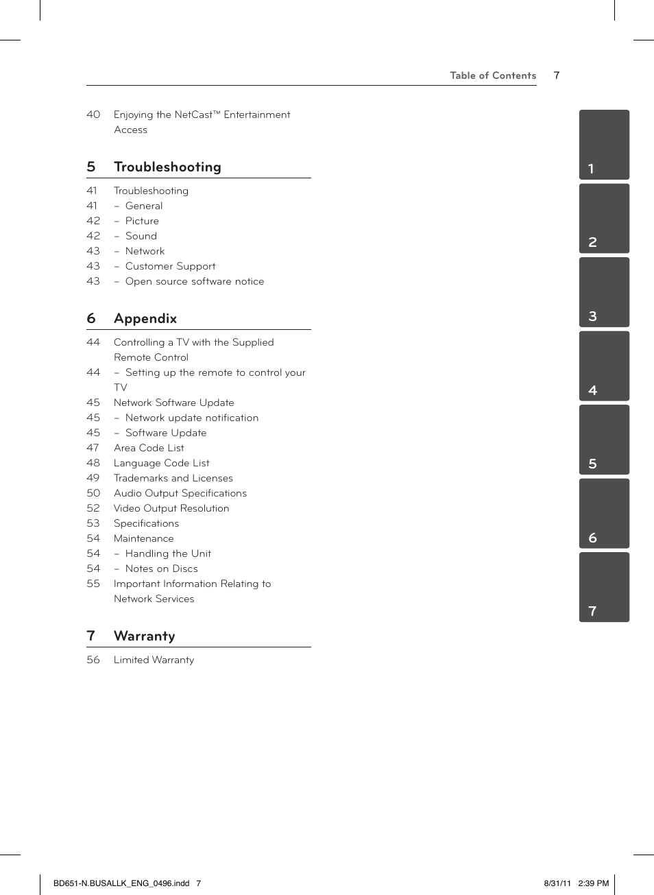 5 troubleshooting, 6 appendix, 7 warranty | LG BD630 User Manual | Page 7 / 58