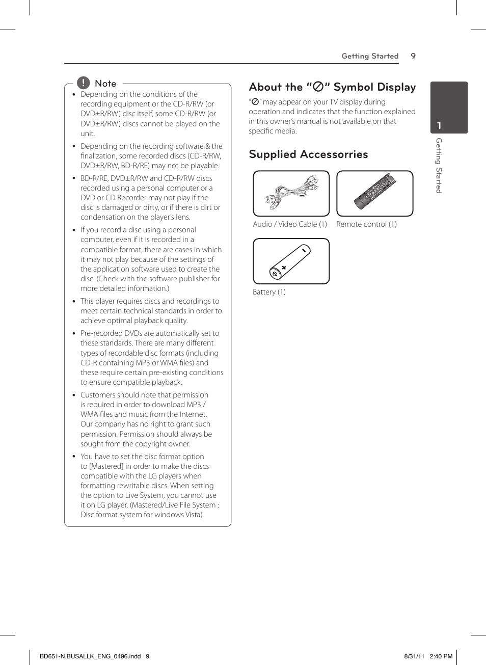 About the “7” symbol display, Supplied accessorries, About the “ 7 ” symbol display | LG BD630 User Manual | Page 9 / 58